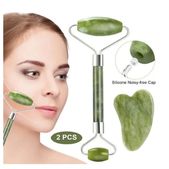 KIT massageador facial pedra de jade rolo e placa