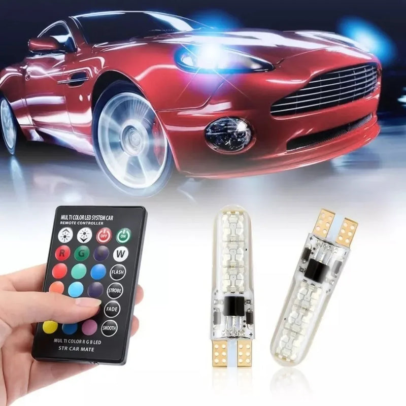 Par Lâmpadas Led T10 Rgb Controle Remoto Carro Moto Smart