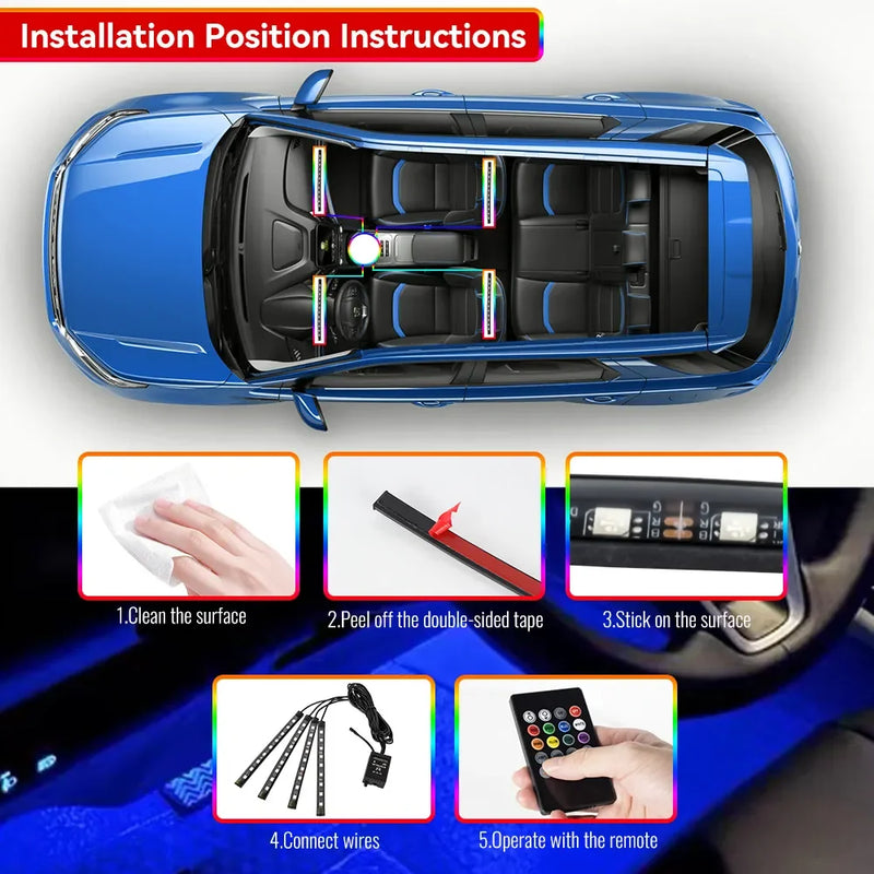 Luz do Pé Ambiente Interior do Carro com USB, Sem Fio, Controle Remoto, Música, Controle de Aplicativos,