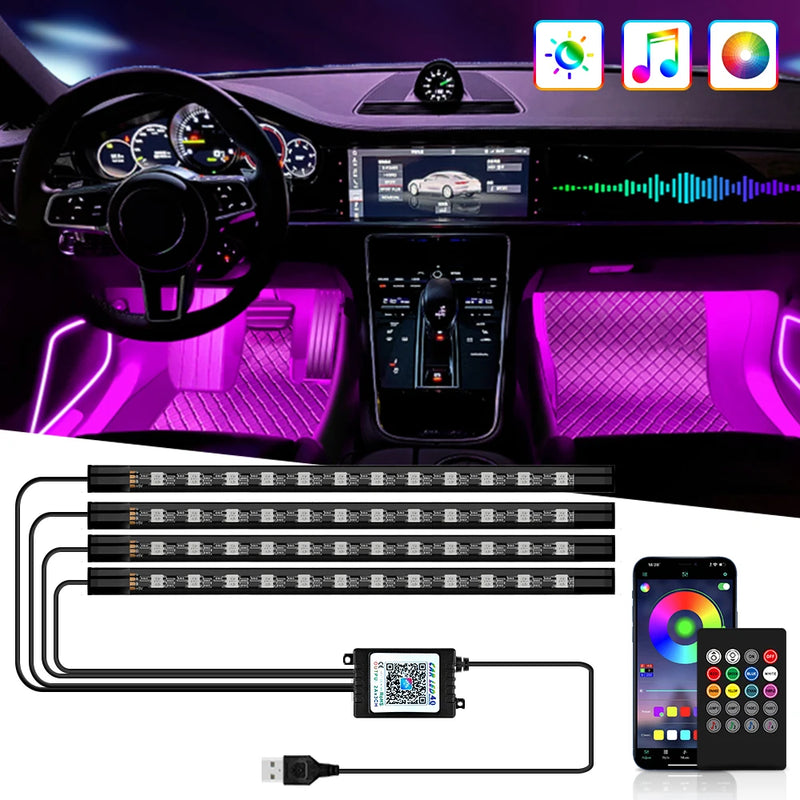 Luz do Pé Ambiente Interior do Carro com USB, Sem Fio, Controle Remoto, Música, Controle de Aplicativos,