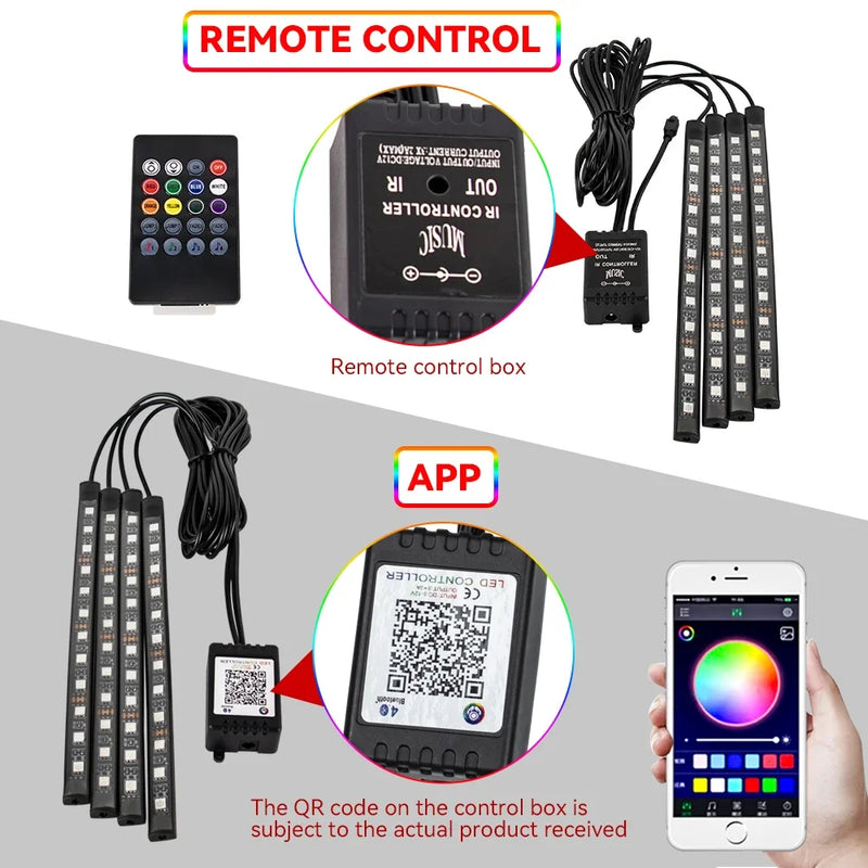 Luz do Pé Ambiente Interior do Carro com USB, Sem Fio, Controle Remoto, Música, Controle de Aplicativos,