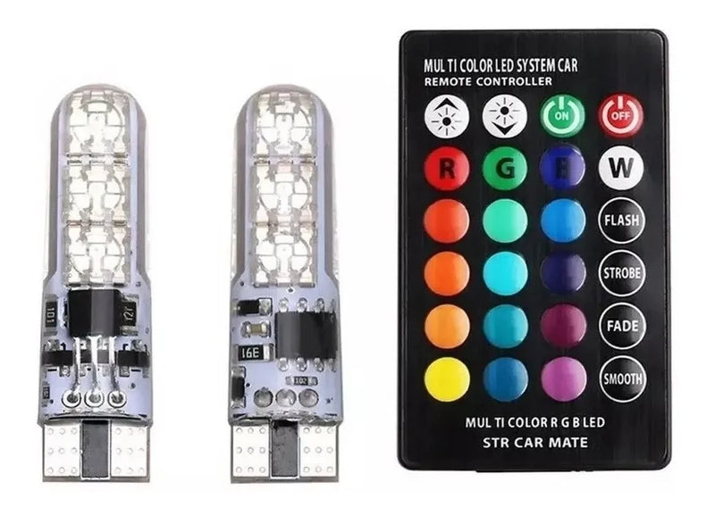 Par Lâmpadas Led T10 Rgb Controle Remoto Carro Moto Smart